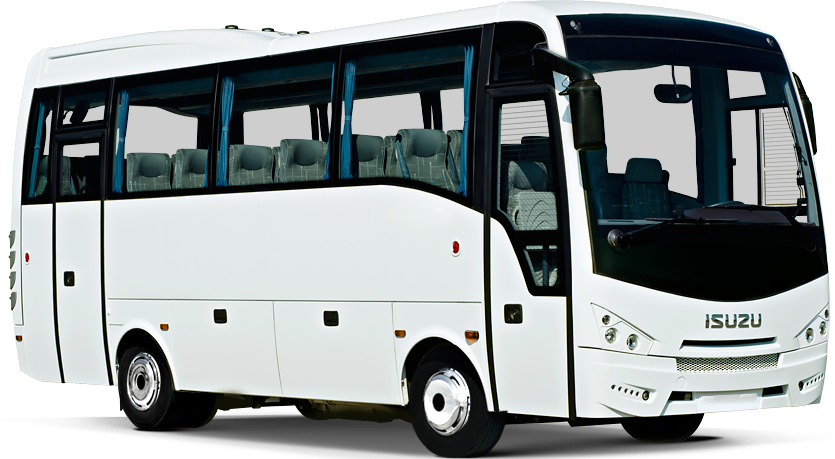 Ein Bus der Marke Isuzu mit türkisen Akzenten der Buskategorie M